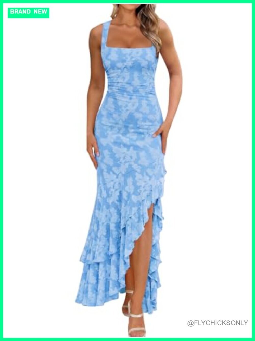 Ruched Floral Maxi Dress Mesh Mermaid Ruffle Wedding Guest Cocktail Long Formal